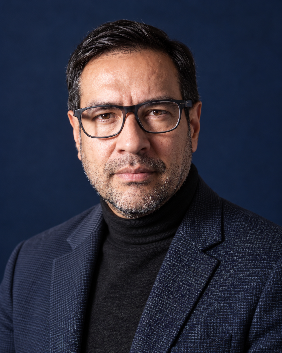 Retrato de Carlos Andrés Cañas con americana y fondo azul marino